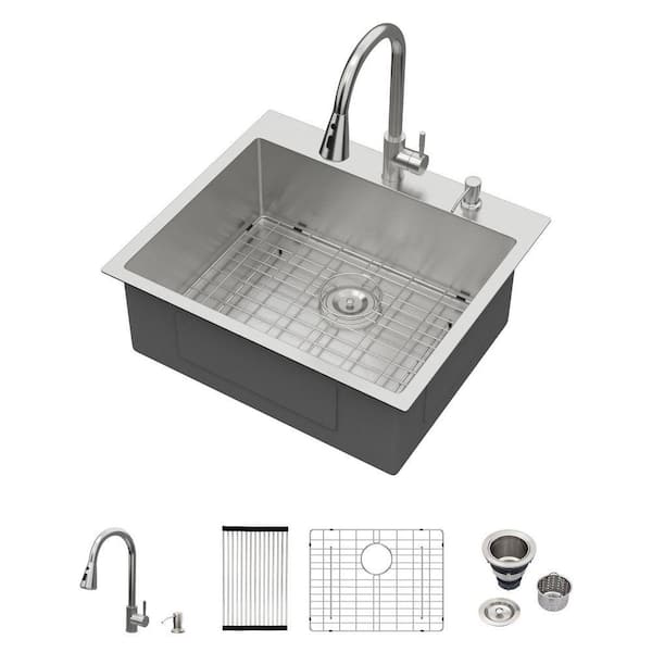 25 in. Drop-in Topmount Sink Single Bowl 16 Gauge Brushed Stainless Steel Kitchen Sink with Pull Down Faucet