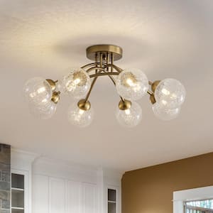 Sonrisa 8-Light 27 in.W Brass Semi-Flush Mount Modern Chandelier with Clear Cracked Glass Shades Hallway Ceiling Light