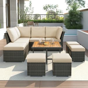 10-Piece Wicker Patio Conversation Set with Beige Cushions and Coffee Table