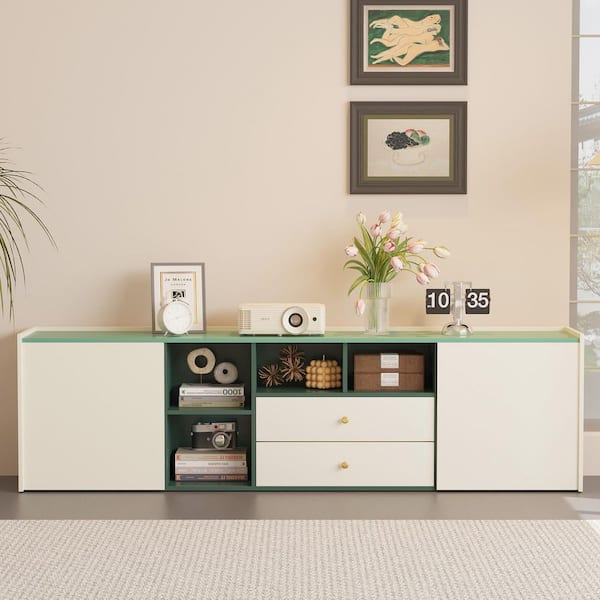 78.8 in. MDF TV Stand with Drawers Cabinets, Maximum Television Size 78 in. Green/White