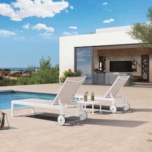 Aluminum White Frame Outdoor Metal Patio Chaise Lounge with Side Table and Wheels, Linen
