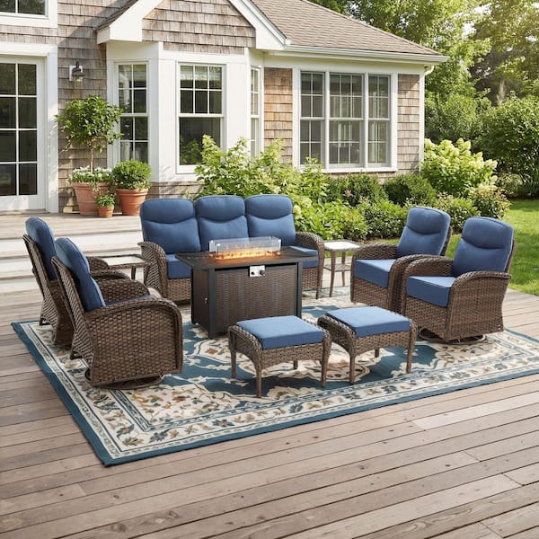 Moonridge 10-Piece Brown Wicker Fire Pit Conversation Set with 6 In. Olefin Blue Cushions / Metal Fire Pit Table