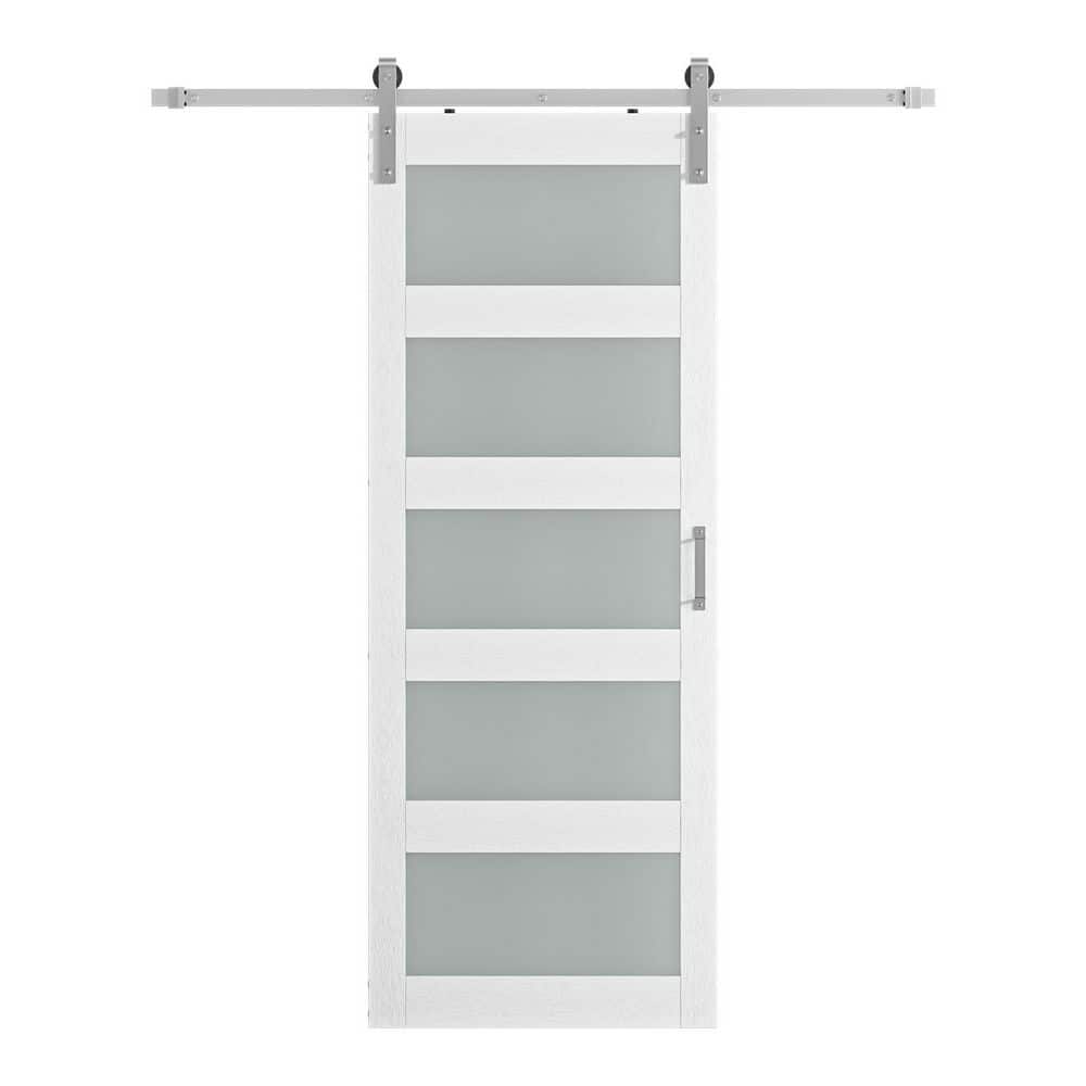 32 in. x 84 in. 5-Lite Frosted Glass White Finished MDF Sliding Barn Door with Hardware Kit [Brushed Nickel] price history on PriceWatchPro