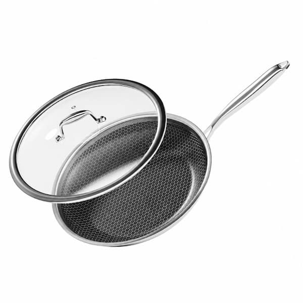 10 in. Stainless Steel Nonstick Frying Pan with Lid, Tri-Ply Induction PFOA-Free Skillet, Oven Safe 500F
