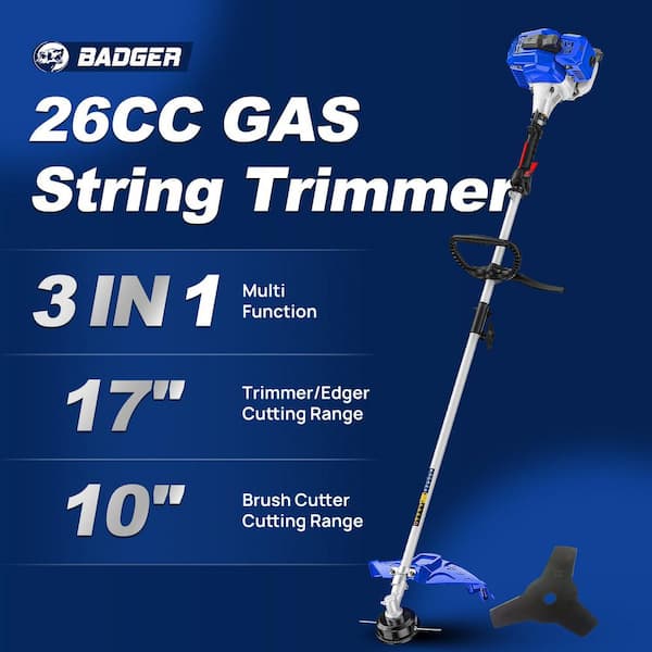26cc Weed Wacker Gas 3 in. 1 String Trimmer/Edger 17 in. with 10 in. Brush Cutter, Rubber Handle and Shoulder Strap