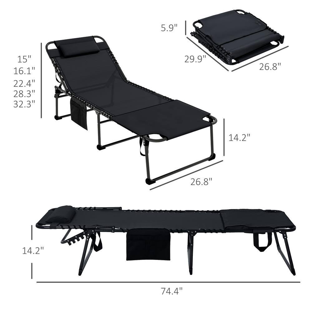 Black Mesh Folding Armless Outdoor Chaise Lounge with Pillow