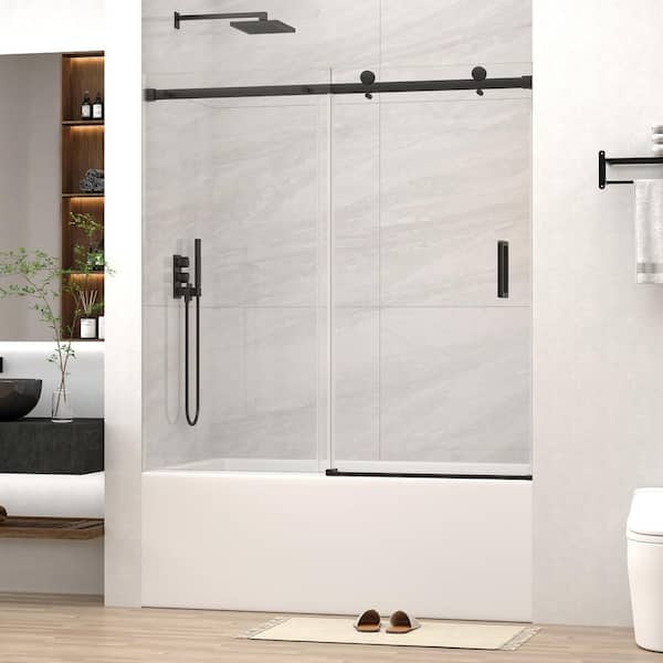 55-60 in. W x 60 in. H Frameless Sliding Tub Door in Matte Black with Clear Glass
