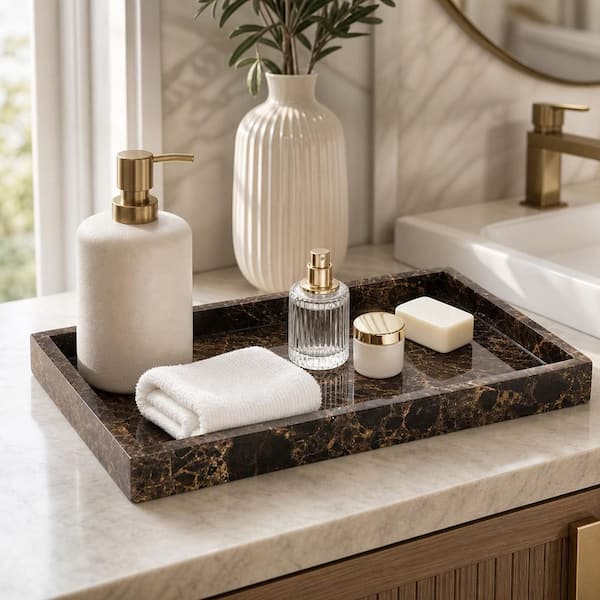 Numhew Dark Brown Marble Bathroom Vanity Tray, Stone Decorative Countertop Dresser Trays for Key Coffee Perfume Jewelry Makeup
