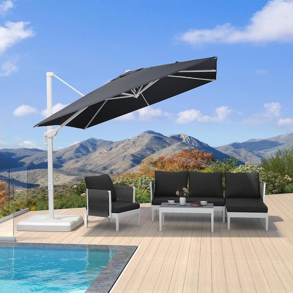 PURPLE LEAF 9 ft. Square Outdoor Patio Cantilever Umbrella White Aluminum Offset 360° Rotation Umbrella with Base, Gray