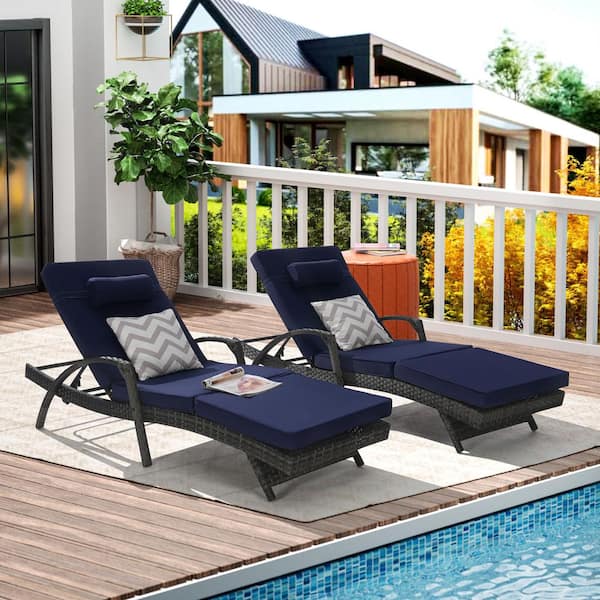 Brown Wicker Outdoor Chaise Lounge with Dark Blue Cushions, Armrest and Adjustale Backrest (Set-2)
