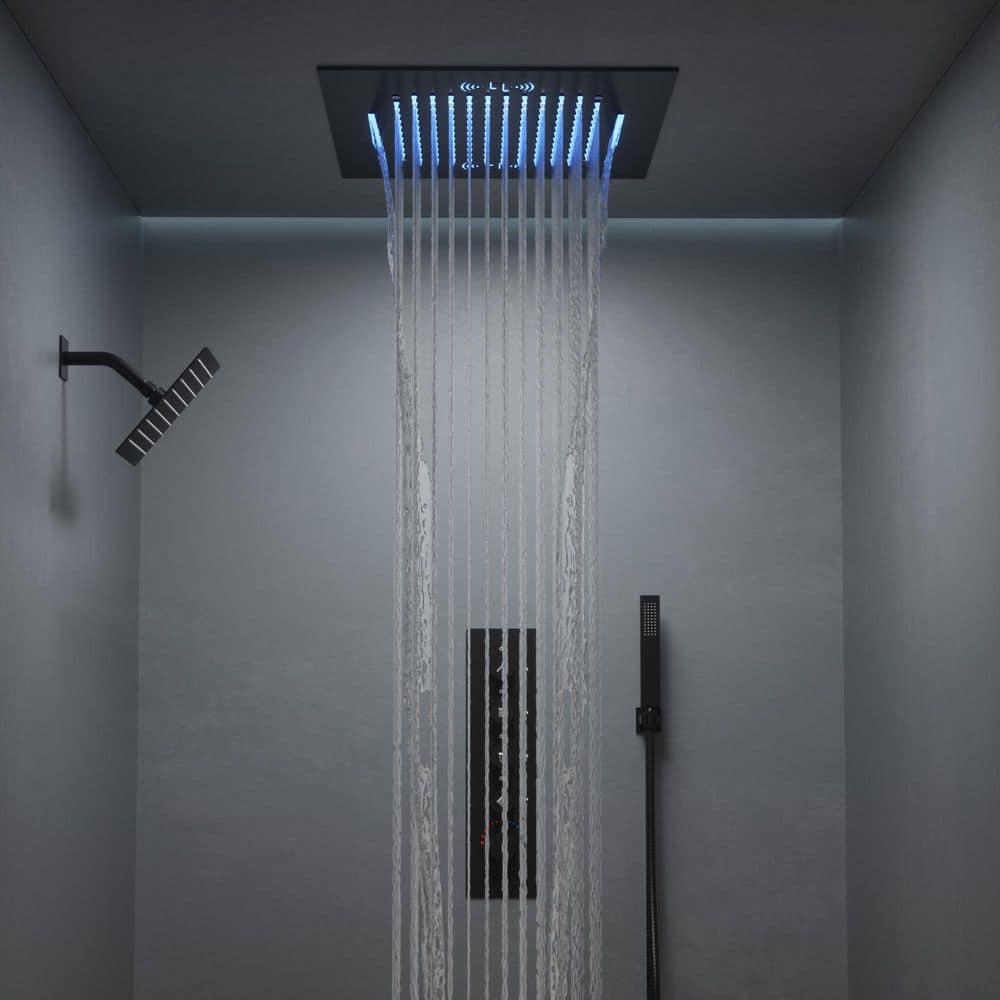Matte Black Large LED Ceiling Mounted Shower System with Bluetooth Speaker