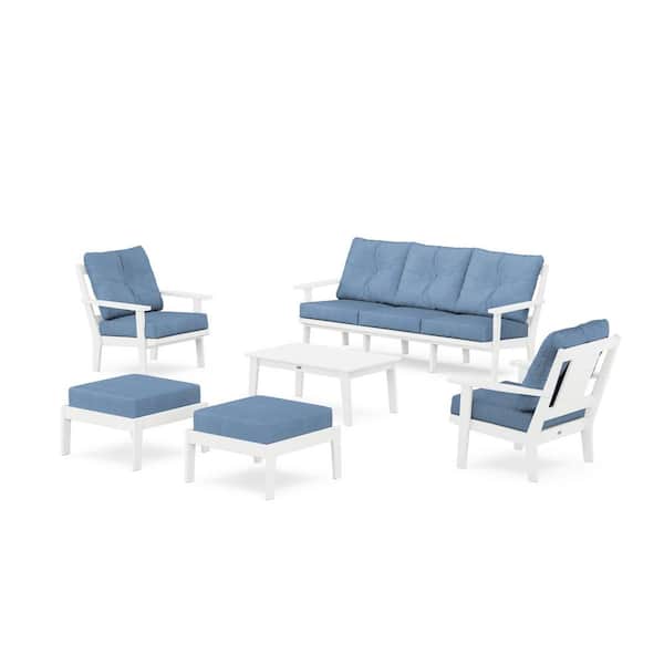 POLYWOOD Prairie 6-Piece Plastic Lounge Sofa Set in White/Sky Blue Cushions