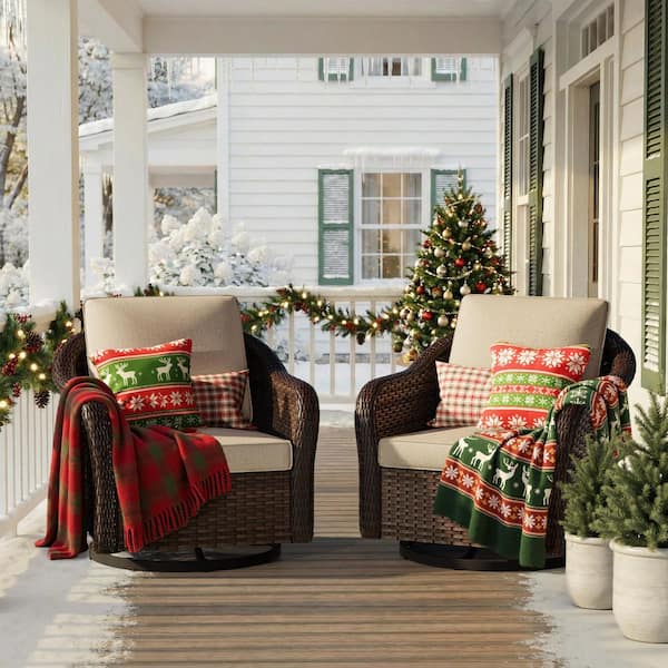 2-Piece Brown Wicker Outdoor Rocking Chair Patio Swivel Chair Set with Beige Cushion