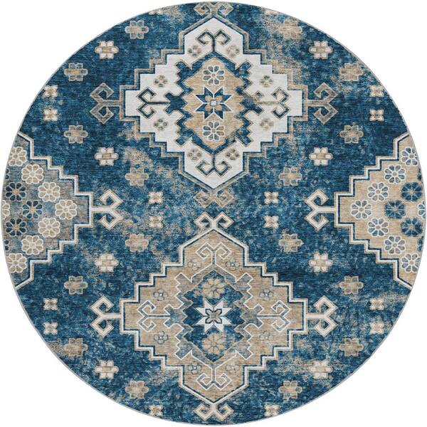 Dream Shag Premium Machine Washable Abstract ADS846 Navy 8 ft. x 8 ft. Round Rug