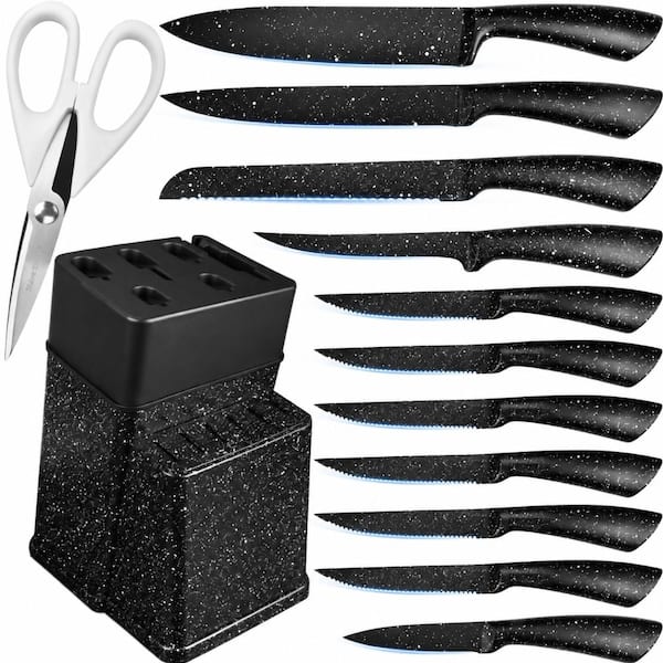 8-Piece Japanese Stainless Steel Knife Block Set with Black Holder, Chef, Steak, Bread, and Paring Knives