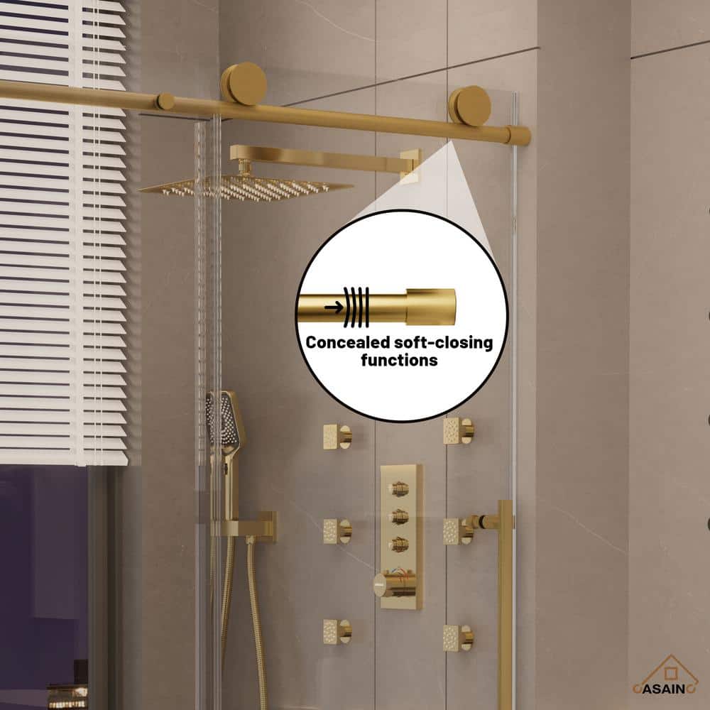 Brushed Gold Frameless Sliding Shower Door with Clear Tempered Glass, 48" x 76"