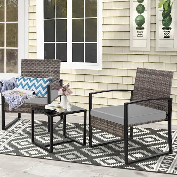 Zeus & Ruta 3-Piece Gray Wicker Outdoor Bistro Set with Gray Cushions and Side Table for Porch Backyard