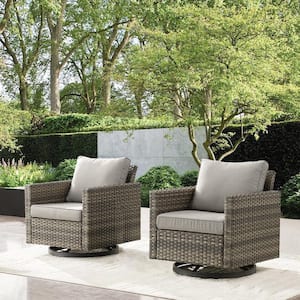 2-Piece Gray Wicker Patio Swivel Outdoor Rocking Chair Set with Gray Cushions