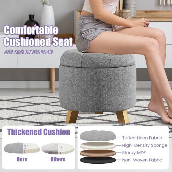 Costway Grey Upholstered Round Ottoman Cushioned Storage Footstool  