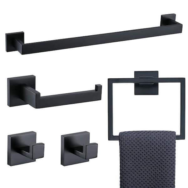 5-Piece Bathroom Hardware Accessories Set Towel Bar Set Wall Mounted Stainless Steel in Black