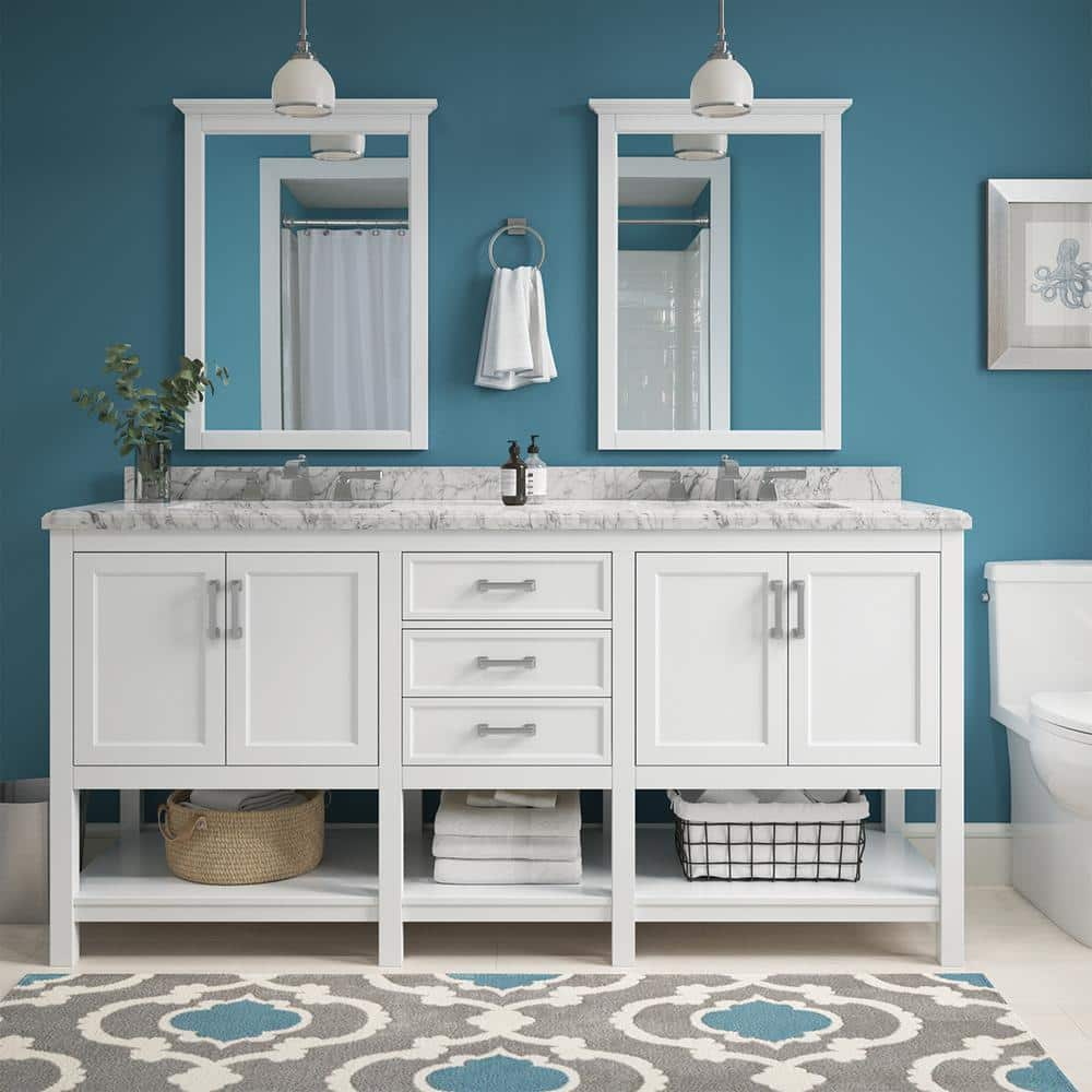 Home Decorators Collection Everett 73 in. W x 22 in. D x 36 in. H Double Sink Freestanding Bath Vanity in White with Carrara Marble Top