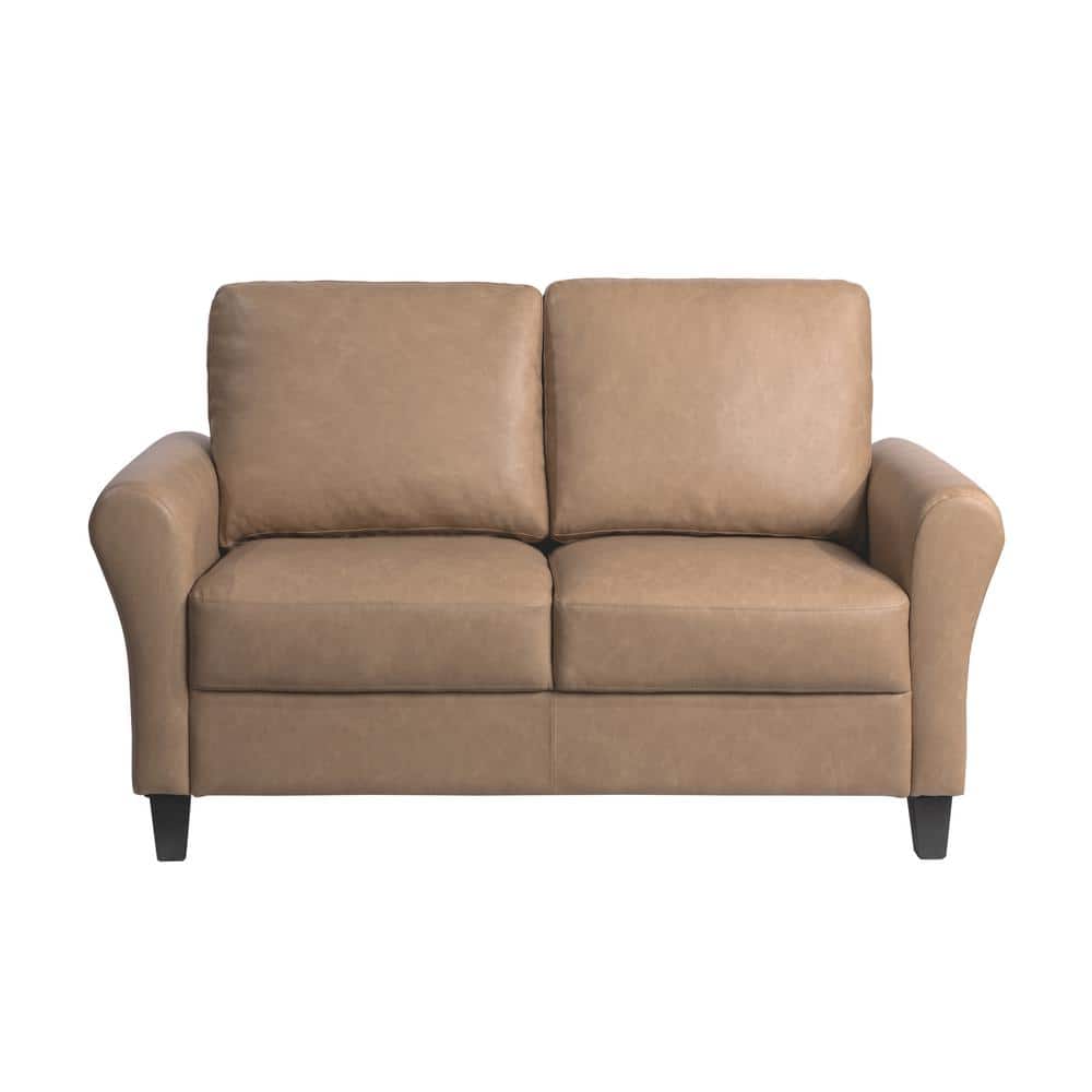 Brown Faux Leather Loveseat with Rolled Arms and Tapered Legs