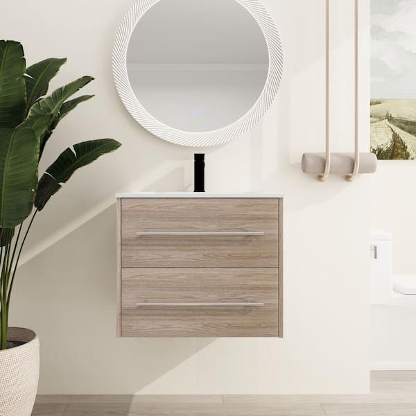 ARTCHIRLY 23.8 in. W x 18.1 in. D x 20.2 in. H Wall-Mounted Bath Vanity in Light Brown with White Resin Vanity Top