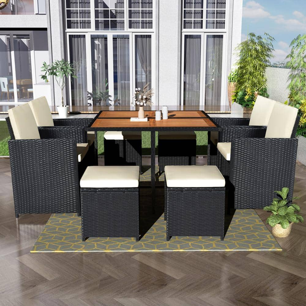 Patio All-Weather 9-Piece PE Wicker Outdoor Dining Set with Wood Tabletop for 8, Rattan+Beige Cushions, Black