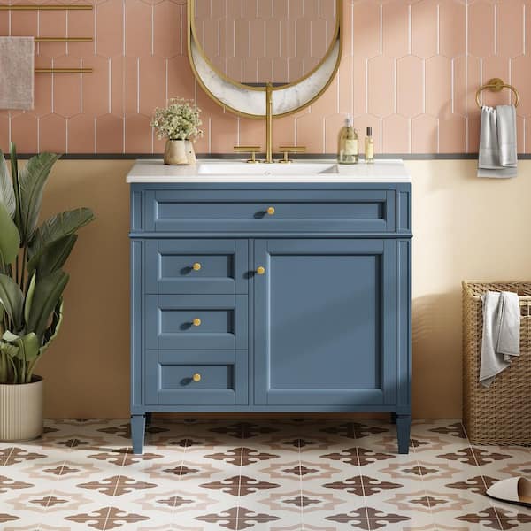 36 in. W x 18 in. D x 34 in. H Single Sink Freestanding Bath Vanity in Indigo Blue with White Ceramic Top