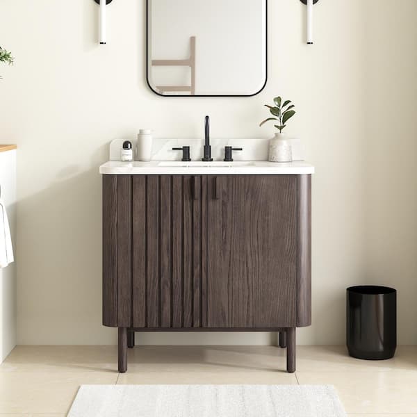 Avanity Blakely 37 in. Single Sink Brown Oak Bath Vanity with Calacatta White Quartz Top