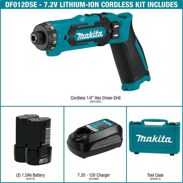 Rang Leer Laster Makita 7.2V Lithium-Ion 1/4 in. Cordless Hex Driver-Drill Kit with  Auto-Stop Clutch DF012DSE - The Home Depot