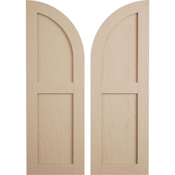 Ekena Millwork 18 in. x 76 in. Polyurethane Rough Sawn Two Equal Flat Panel with Quarter Round Arch Top Faux Wood Shutters Primed Tan