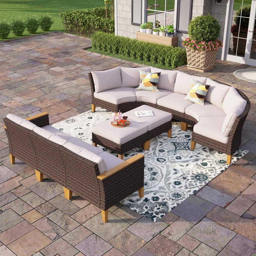 Brown Rattan Wicker 10 Seat 10-Piece Steel Patio Outdoor Sectional Set with Beige Cushions -  PHI VILLA, DS10PV05020304