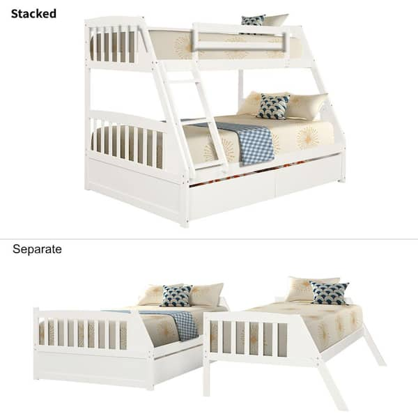 White Solid Wood Twin Over Full Bunk Bed with 2-Storage Drawers