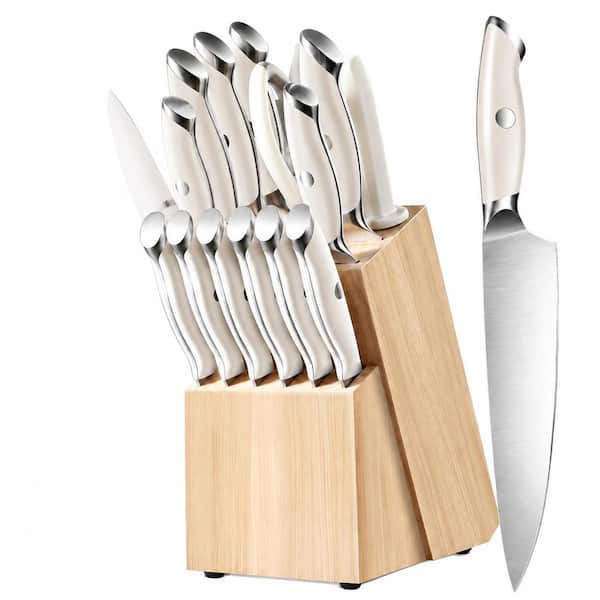 14-Piece Japanese Stainless Steel Kitchen Knife Set with Block, Ivory White Handles