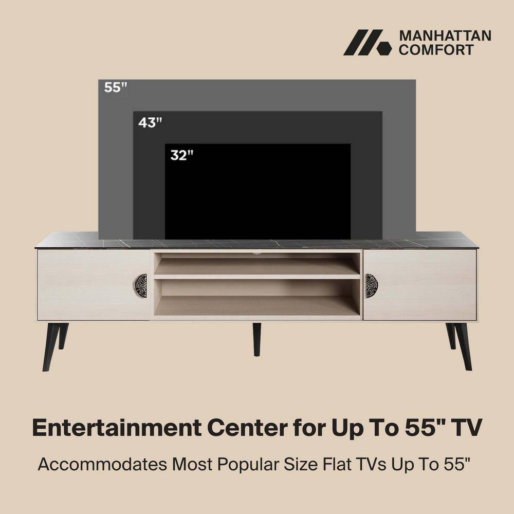 Haley 70.9" White and Black Marble TV Stand with Cabinet