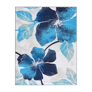 Blue/Grey 2 ft. x 7 ft. Non-Skid Floral Area Rug