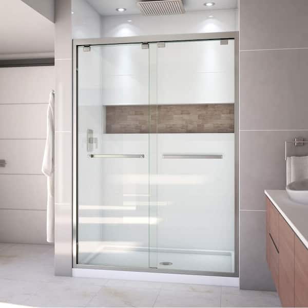 DreamLine Encore 32 in. D x 54 in. W x 78.75 in. H Semi-Frameless Sliding Shower Door in Brushed Nickel with White Base