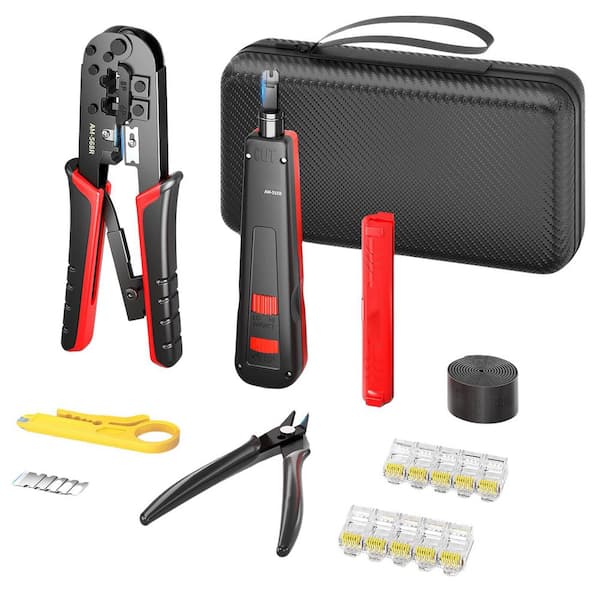 17-Piece 7-in-1 Network Tool Kit Ethernet Crimping CAT6 CAT5 RJ45 RJ11 Punch Down Wire Stripper Waterproof Bag