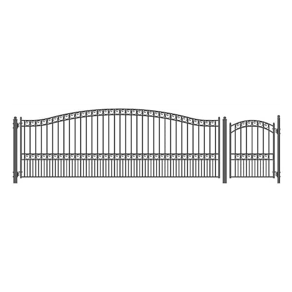 ALEKO 21 ft. x 6 ft. Black Steel Single Swing Driveway Gate Paris Style 16 ft. with Pedestrian Gate 5 ft. Fence Gate
