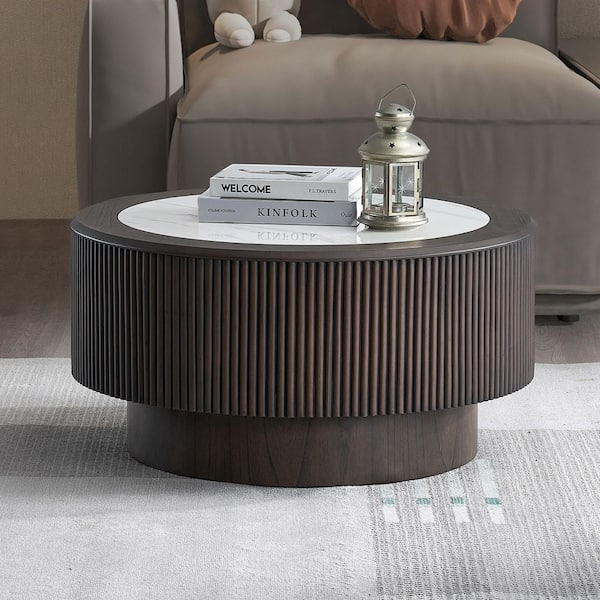 Fletcher Morden 31.50 in. Dark Brown Round Faux Marble Coffee Table with Sturdy Pedestal