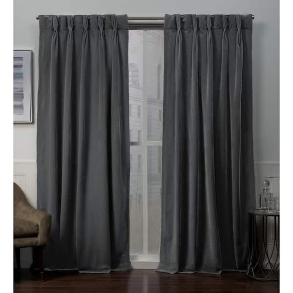 EXCLUSIVE HOME Velvet Soft Grey Solid Light Filtering Triple Pinch Pleat / Hidden Tab Curtain, 27 in. W x 96 in. L (Set of 2)