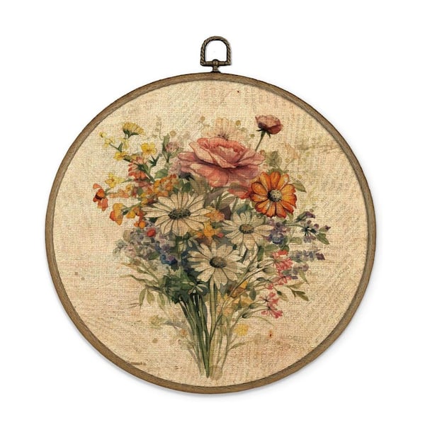 Unbranded Vintage Floral Framed Wall Art Decor, Farmhouse Flower Round Wall Hanging, 10 in. x 10 in. x 0.2 in.
