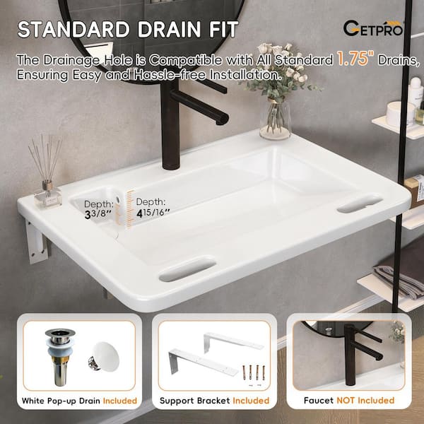 31.5 in Wall-Mounted Rectangular Bathroom Sink in Glossy White ADA Compliant Barrier-Free Lavatory Vessel Ceramic Sink