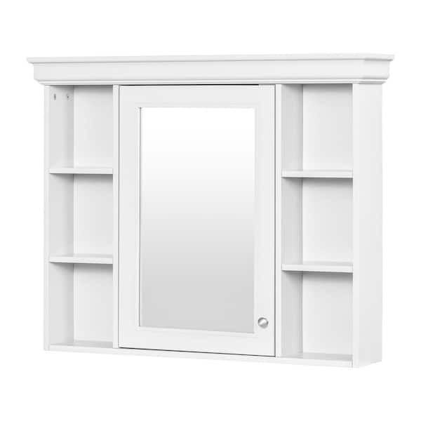 35.5 in. W x 28.74 in. H Modern Rectangular MDF Medicine Cabinet with Mirror, 6-Open Storage and Adjustable Shelf, White