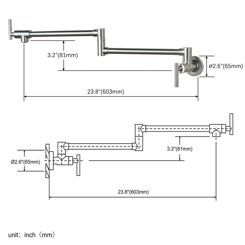 Brushed Nickel Wall Mount Double Handle Pot Filler Faucet