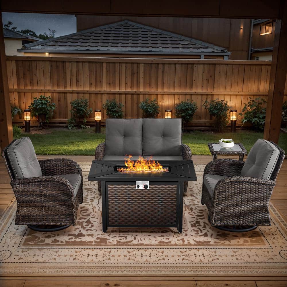 Brown 5-Piece Wicker Patio Fire Pit Set, Outdoor Glider Seating Set with Olefin Gray Cushions and Swivel Rockers price history on PriceWatchPro