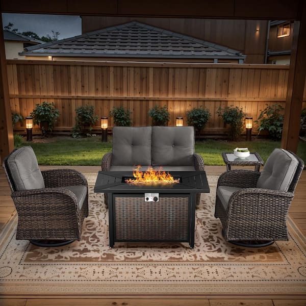 Opohoro Brown 5-Piece Wicker Patio Fire Pit Set, Outdoor Glider Seating Set with Olefin Gray Cushions and Swivel Rockers