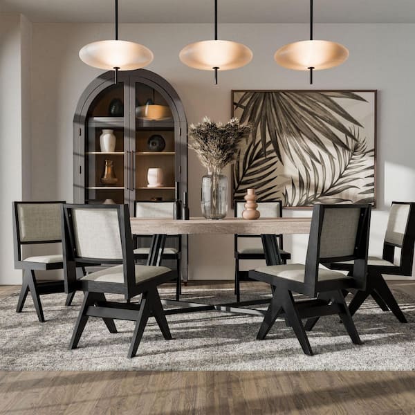 Furniture of America Rufus 7-Piece Rectangular Brown and Black Wood Top Dining Room Set with Metal Trestle Base and Inverted V-Legs (Seats 6)