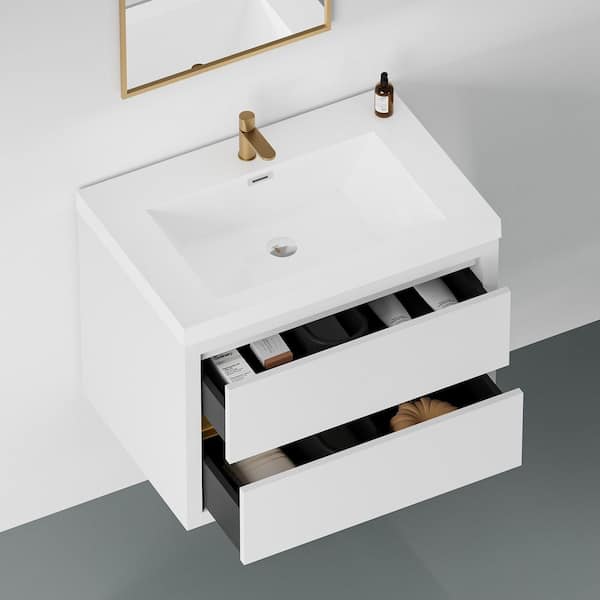30 in. Single Sink Floating White Bath Vanity with White Resin Top (Assembled), Ample Storage Space, Invisible Handle